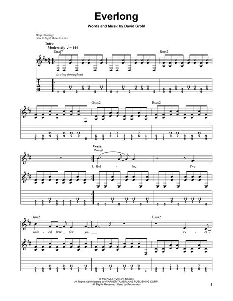 Then you go to the chorus again. This main part of the song (the part for the first guitar) sounds best with a clean electric or acoustic. For the CD and live type performances, the second guitar basically plays power chords D5, B5, G5, B5 on a distorted electric. During the intro you first wait for Guitar 1 to play the intro riff once, then ...
